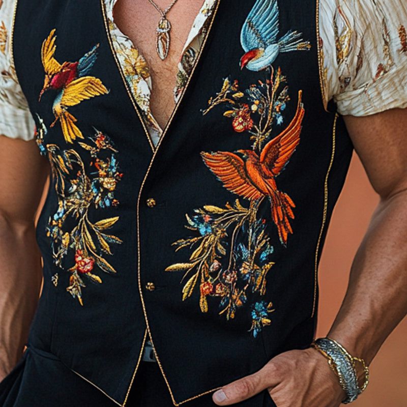 Men's Vintage Bird Embroidered V-Neck Vest MTA2298D5X