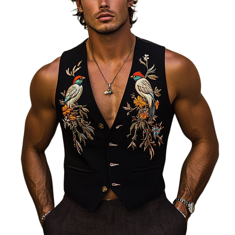Men's Vintage Embroidered V-Neck Vest MTA2226D2X