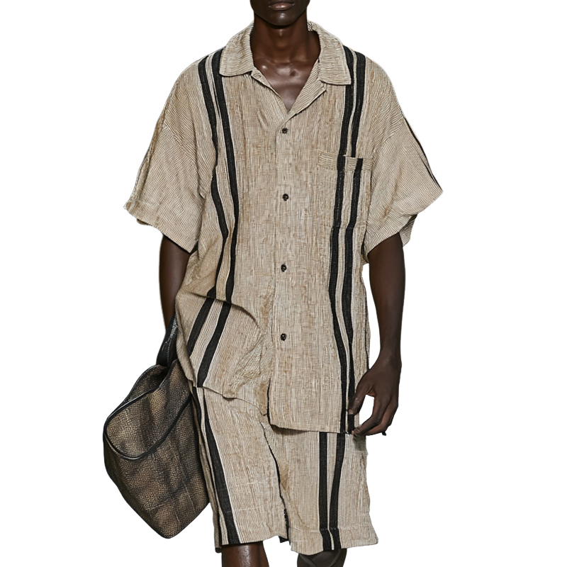 Fashion Striped Lapel Short Sleeve Shirt Shorts Casual Set MTA2213D0Z