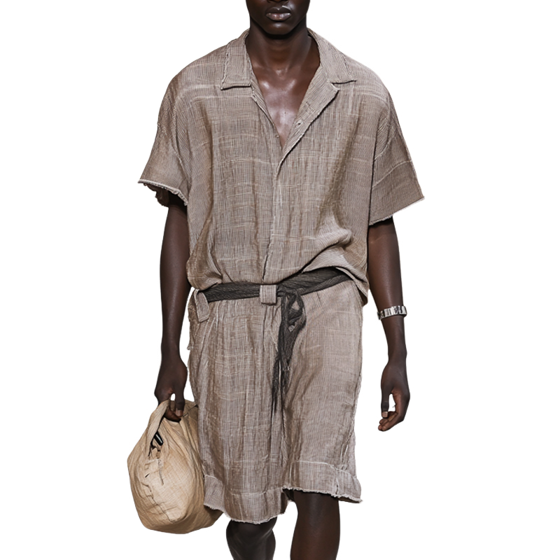 Fashion Solid Loose Linen Lapel Short Sleeve Single Breasted Jumpsuit MTA2254D0Z