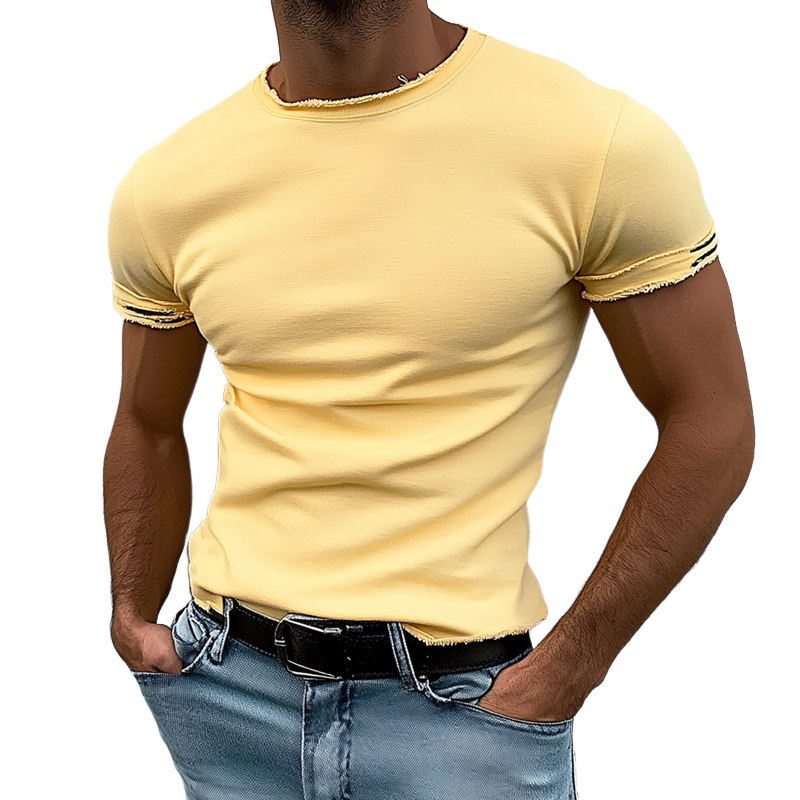 Men's Solid Raw Edge Holes Round Neck Short Sleeve T-shirt MTA2240D9Z