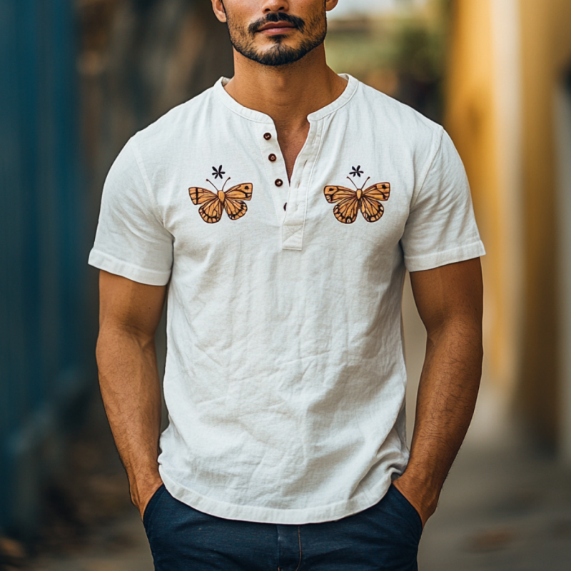 Men's Vintage Butterfly Embroidered Cotton Linen Henley Collar Slim Fit Short Sleeve Shirt MTA2286D4M