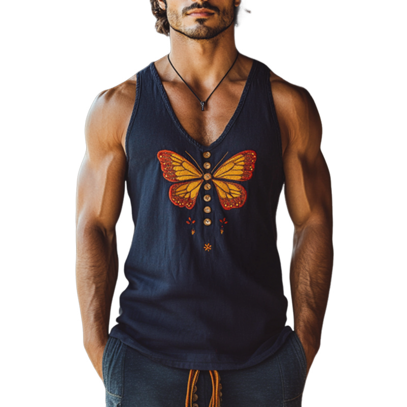 Men's Vintage Butterfly Embroidered Cotton Linen U-Neck Slim Fit Tank Top MTA2225D9M