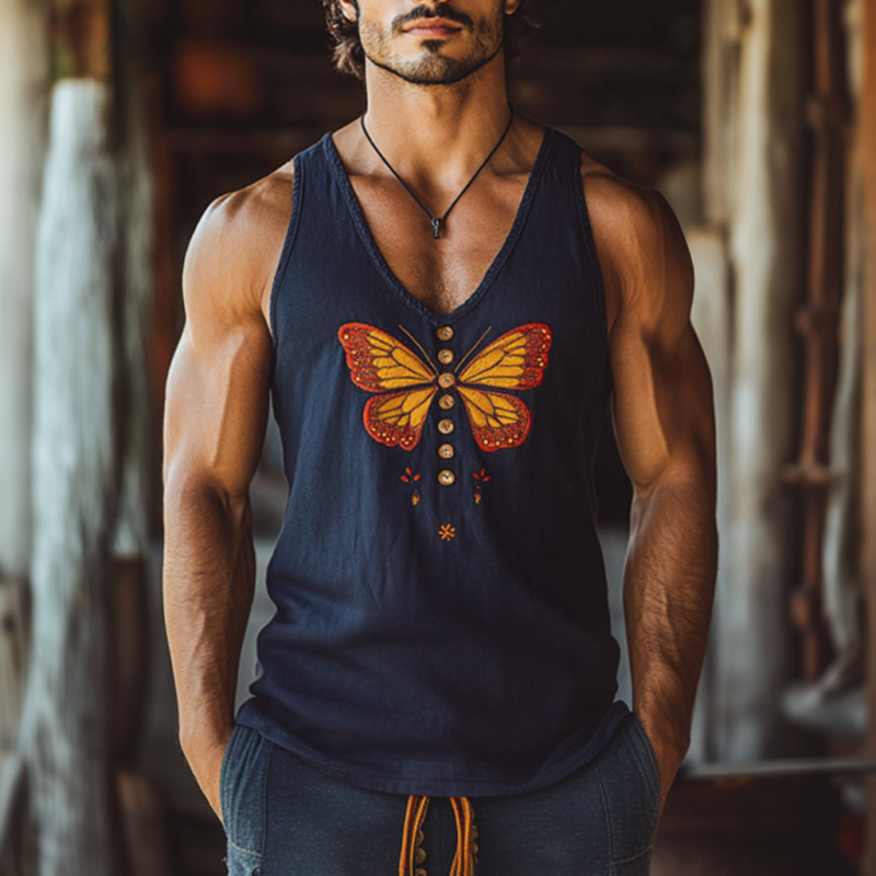 Men's Vintage Butterfly Embroidered Cotton Linen U-Neck Slim Fit Tank Top MTA2225D9M