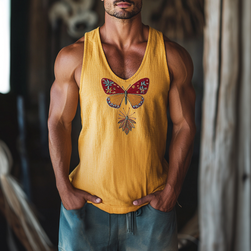 Men's Vintage Butterfly Embroidered Cotton Linen U-Neck Slim Fit Tank Top MTA2255D1M