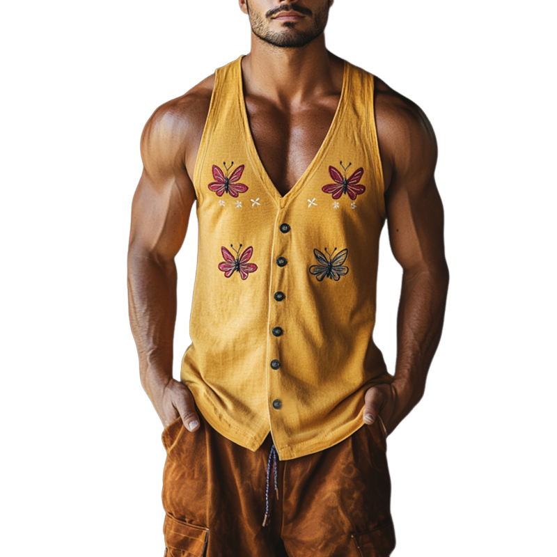 Men's Vintage Butterfly Embroidery Cotton Blend V-Neck Single Breasted Slim Fit Tank Top MTA2252D4M