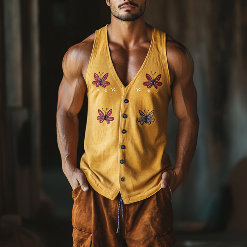 Men's Vintage Butterfly Embroidery Cotton Blend V-Neck Single Breasted Slim Fit Tank Top MTA2252D4M