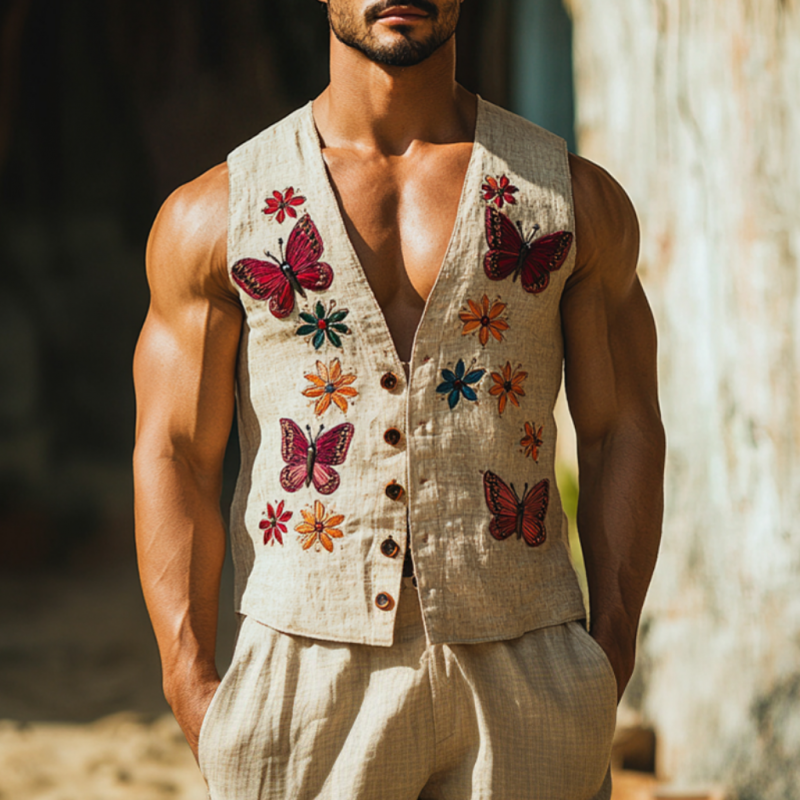 Vintage sommerfuglbroderi, V-hals, enkelspent Slim Fit-vest for menn MTA2249D0M