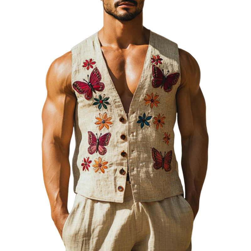 Vintage sommerfuglbroderi, V-hals, enkelspent Slim Fit-vest for menn MTA2249D0M