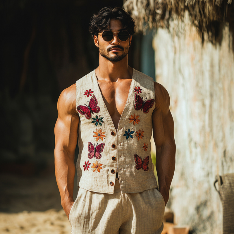 Men's Vintage Butterfly Embroidery Linen V-Neck Single Breasted Slim Fit Vest MTA2249D0M