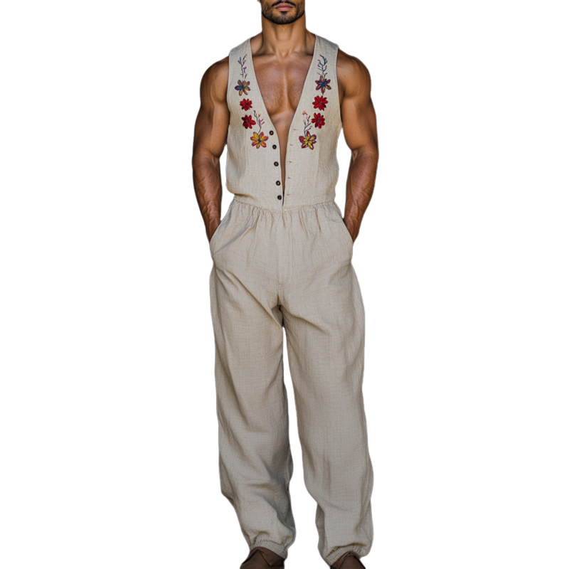 Men's Vintage Flower Embroidery Breathable Linen V-Neck Sleeveless Loose Jumpsuit MTA2272D2M