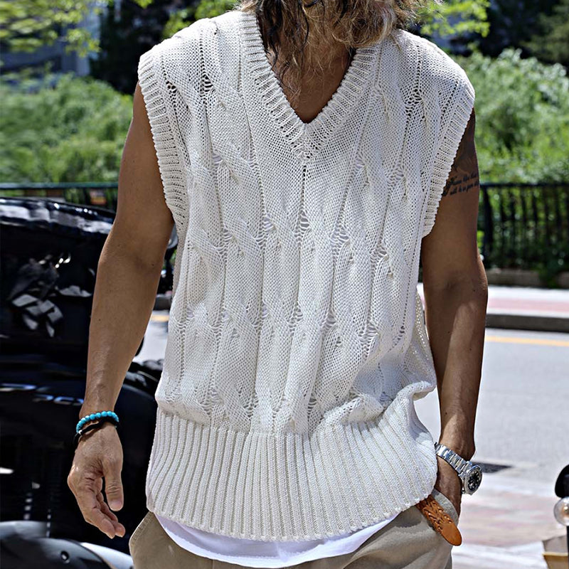 Men's Retro Casual Solid Color Knitted Crew Neck Tank Top MTA2265D3TO