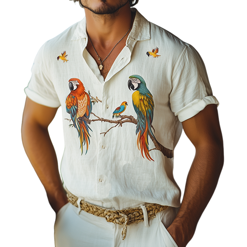 Men's Summer Fashion Casual Hawaiian Style Flamingo Printed Cotton and Linen Short Sleeve Shirt MTA2265D2K