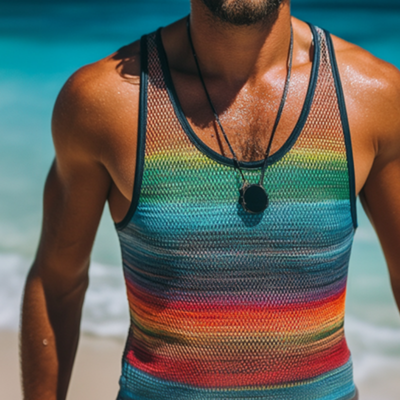 Men's Retro Casual Mesh Rainbow Stripe Print Crew Neck Tank Top MTA2271D9TO