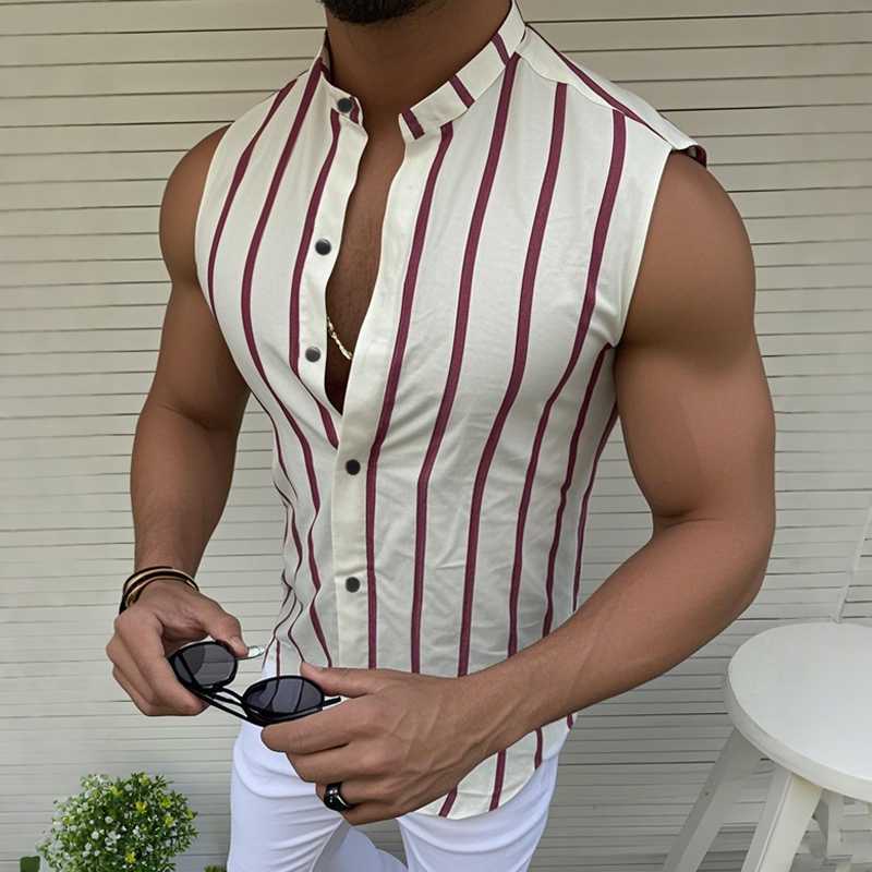 Men's Casual Cotton Striped Stand Collar Slim Fit Single Breasted Sleeveless Shirt MTA2213D6M