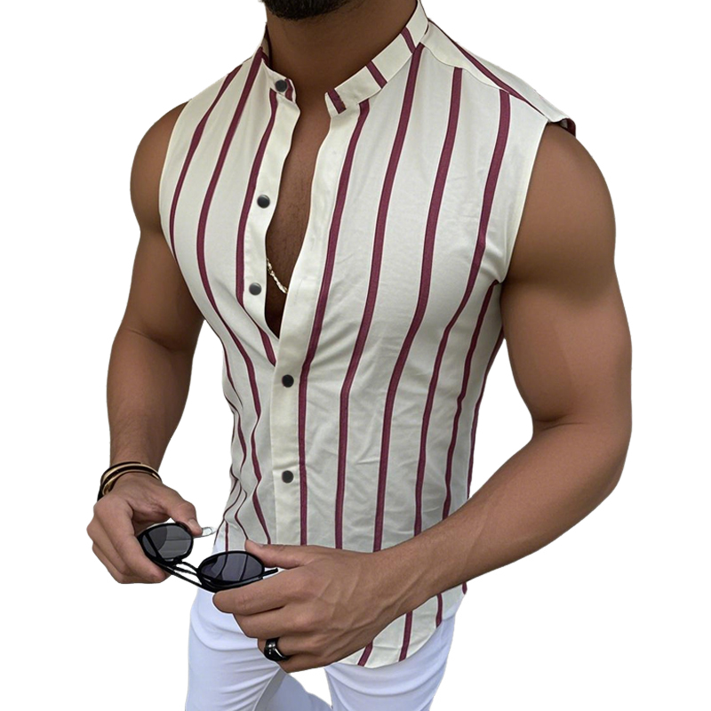 Men's Casual Cotton Striped Stand Collar Slim Fit Single Breasted Sleeveless Shirt MTA2213D6M