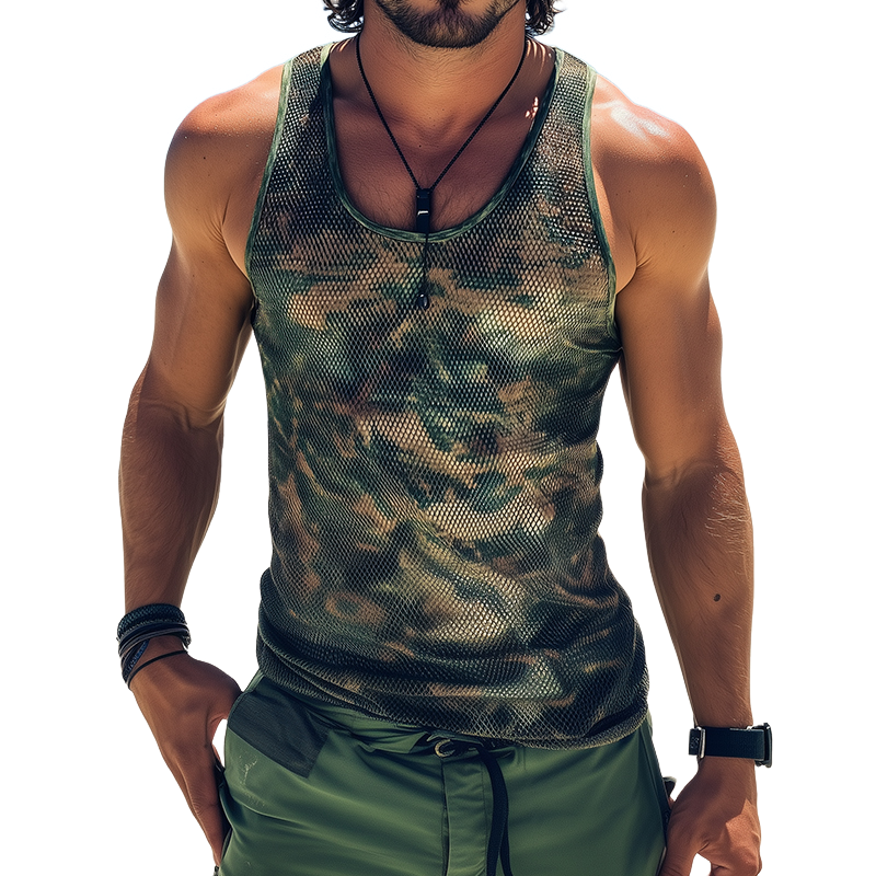 Men's Retro Casual Cool Mesh Camouflage Printed Round Neck Tank Top MTA2287D7TO