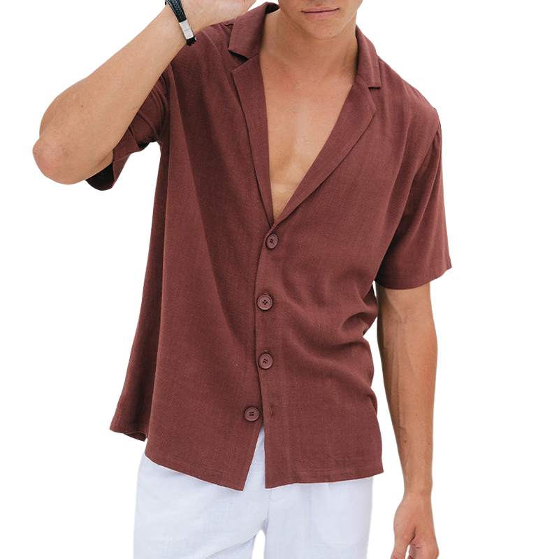 Men's Casual Breathable Cotton Linen Notched Lapel Loose Short Sleeve Shirt MTA2232D5M