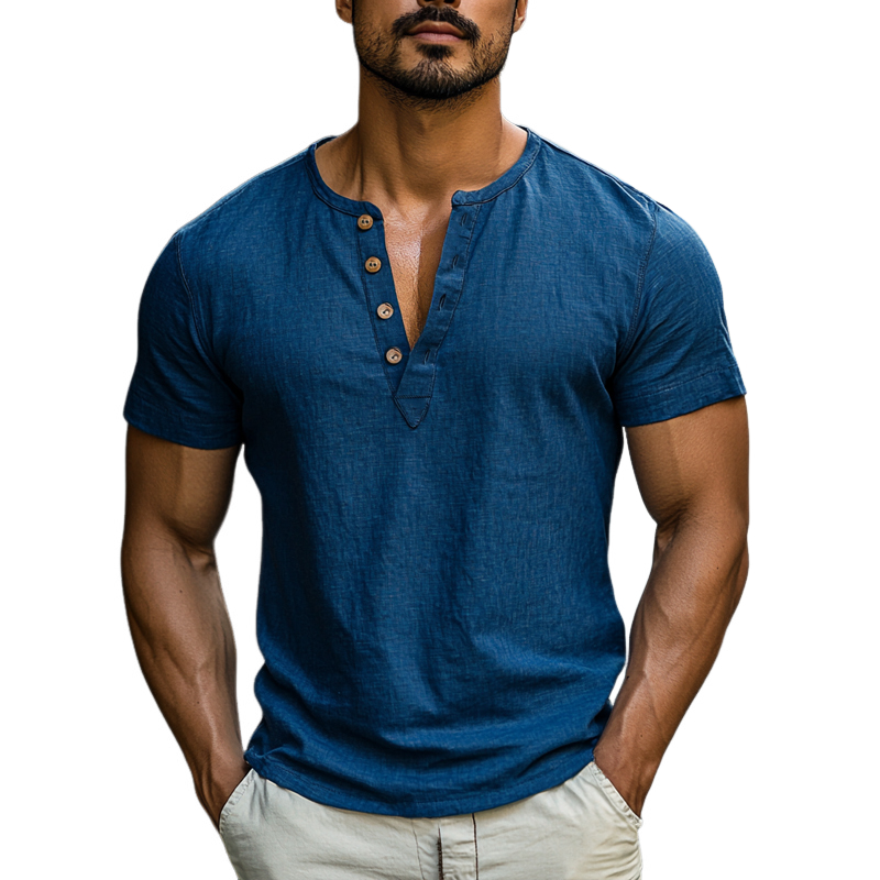 Men's Casual Breathable Cotton Linen Henley Collar Slim Fit Short Sleeve Shirt MTA2266D6M