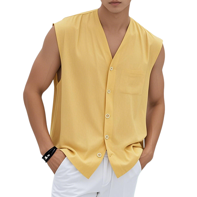 Men's Casual Cotton V Neck Single Breasted Patch Pocket Loose Sleeveless Shirt MTA2244D9M