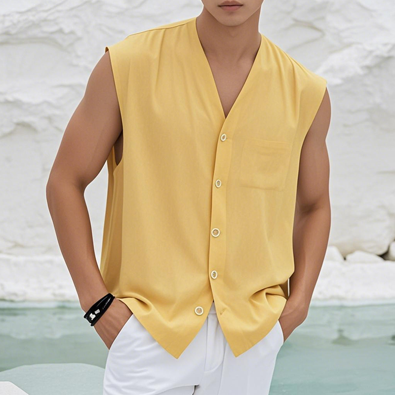 Men's Casual Cotton V Neck Single Breasted Patch Pocket Loose Sleeveless Shirt MTA2244D9M