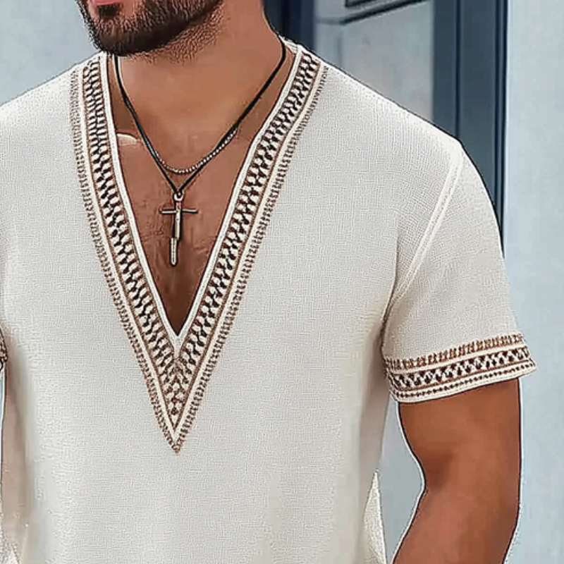 Men's Retro Casual Geometric Print Linen V-Neck Short Sleeve T-Shirt MTA2230D4TO