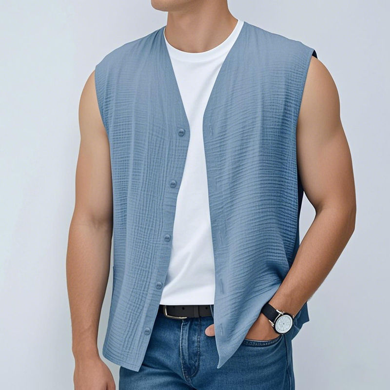 Men's Casual Cotton Blended Pleated V-Neck Single-Breasted Loose Sleeveless Shirt MTA2233D0M