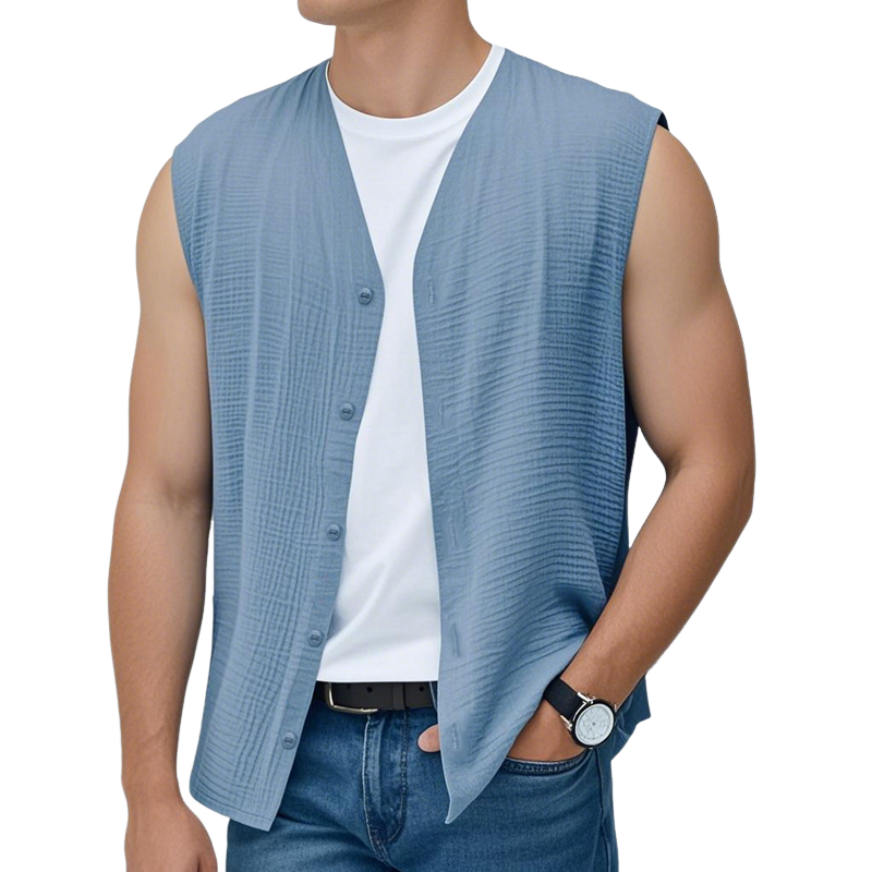 Men's Casual Cotton Blended Pleated V-Neck Single-Breasted Loose Sleeveless Shirt MTA2233D0M