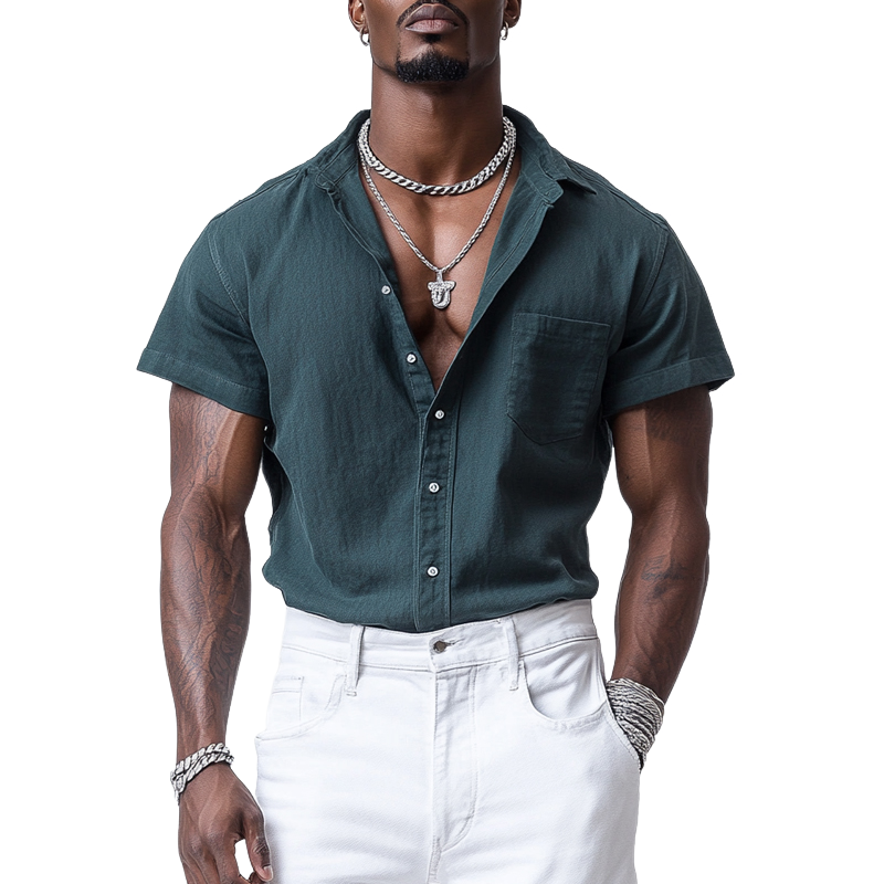 Men's Casual Cotton Linen Lapel Single Breasted Loose Short Sleeve Shirt MTA2264D1M