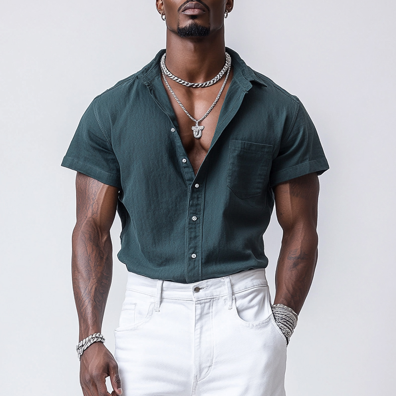 Men's Casual Cotton Linen Lapel Single Breasted Loose Short Sleeve Shirt MTA2264D1M