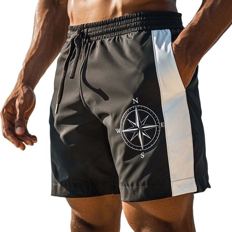 Retro uformelt fargeblokk for menn Kompasstrykk Sportssnøre strandshorts MTA2251D8TO
