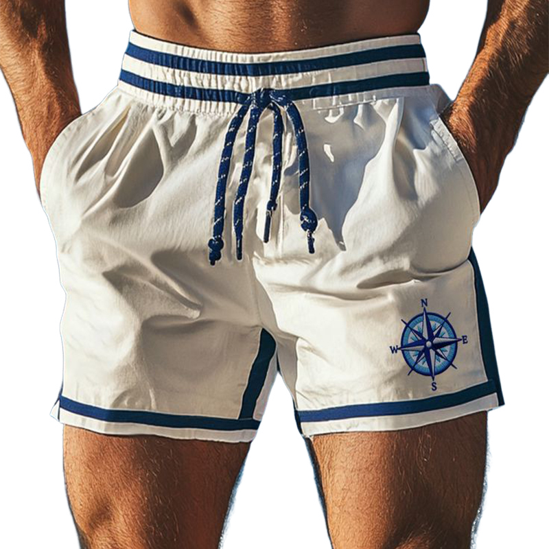 Retro uformelt fargeblokk for menn Kompasstrykk Sportssnøre Strandshorts MTA2215D6TO