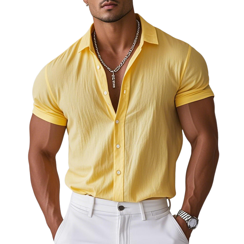 Men's Casual Cotton Linen Lapel Single Breasted Loose Short Sleeve Shirt MTA2240D5M