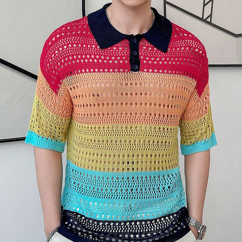 Men's Summer Hollow Breathable Striped Knitted Short-Sleeved Shirt MTA2304D2P