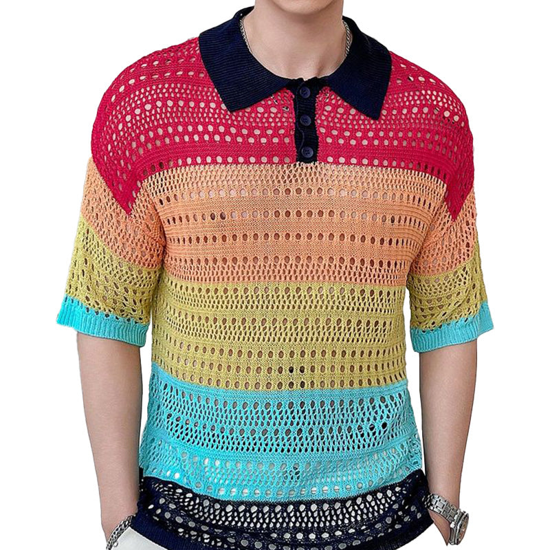 Men's Summer Hollow Breathable Striped Knitted Short-Sleeved Shirt MTA2304D2P