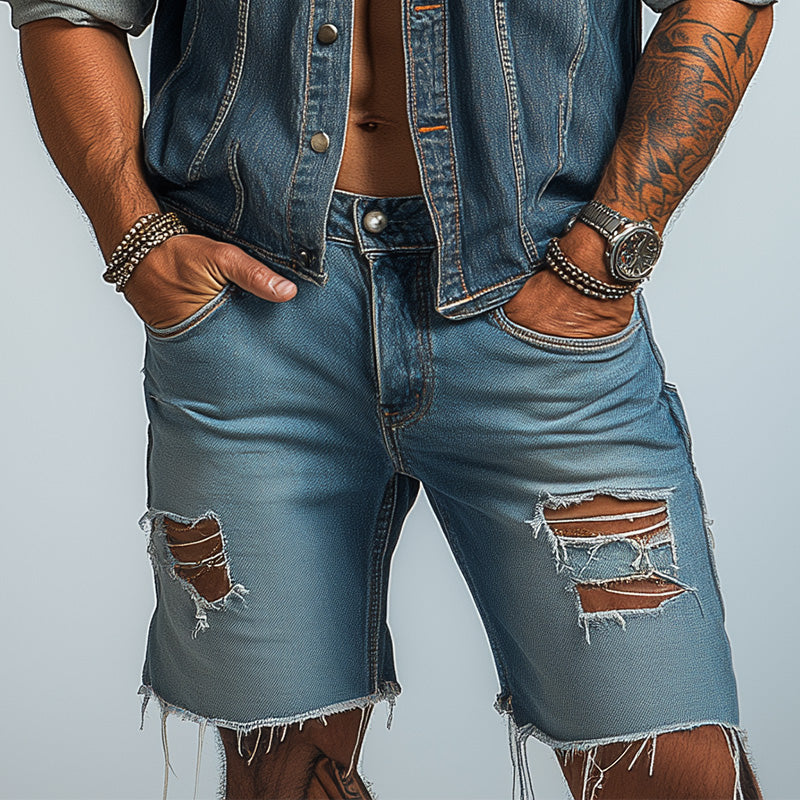 Men's Summer Fashion Brushed Ripped Denim Shorts MTA2384D6P