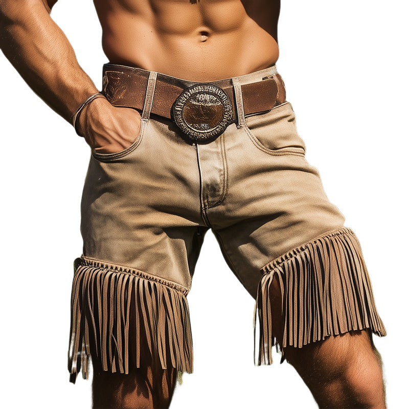 Men's Summer Western Cowboy Style Denim Tassel Shorts MTA2304D7U