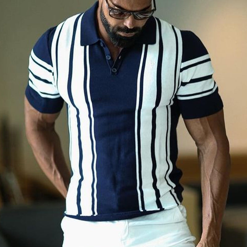 Men's Summer Colorblock Vertical Striped POLO Shirt MTA2360D9U