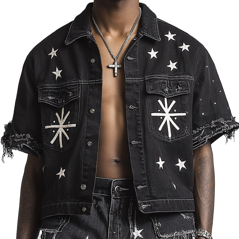 Men's Summer Retro Print Raw Edge Casual Denim Short Sleeve Shirt MTA2332D6P