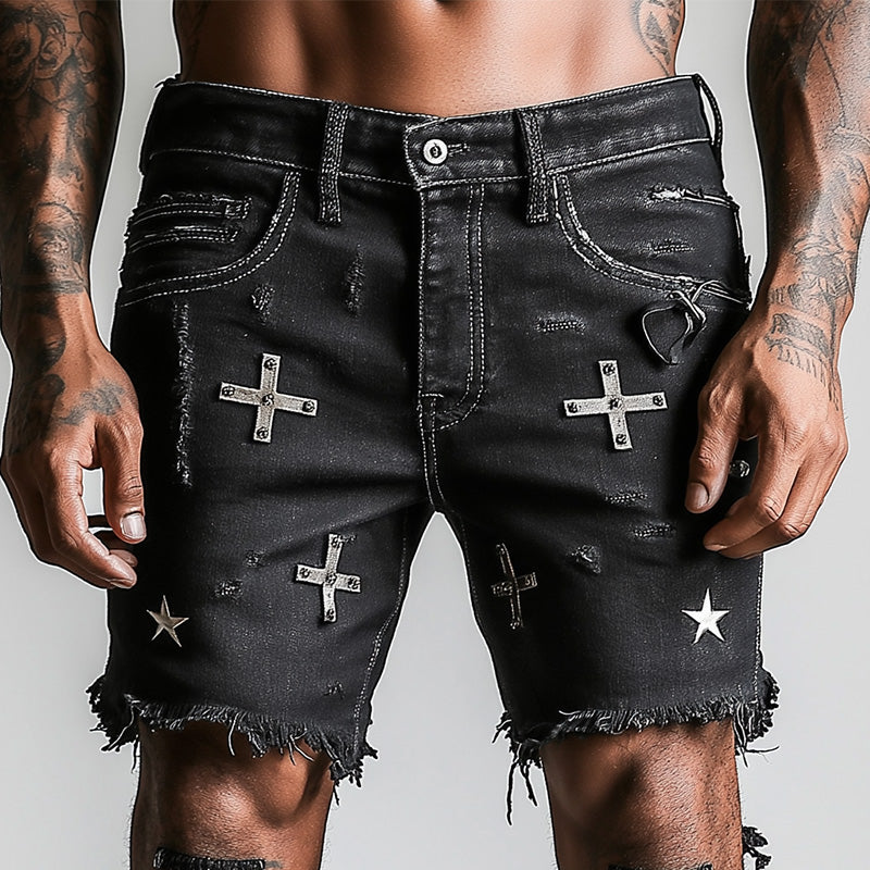 Men's Summer Retro Printed Raw Edge Casual Denim Shorts MTA2329D2P