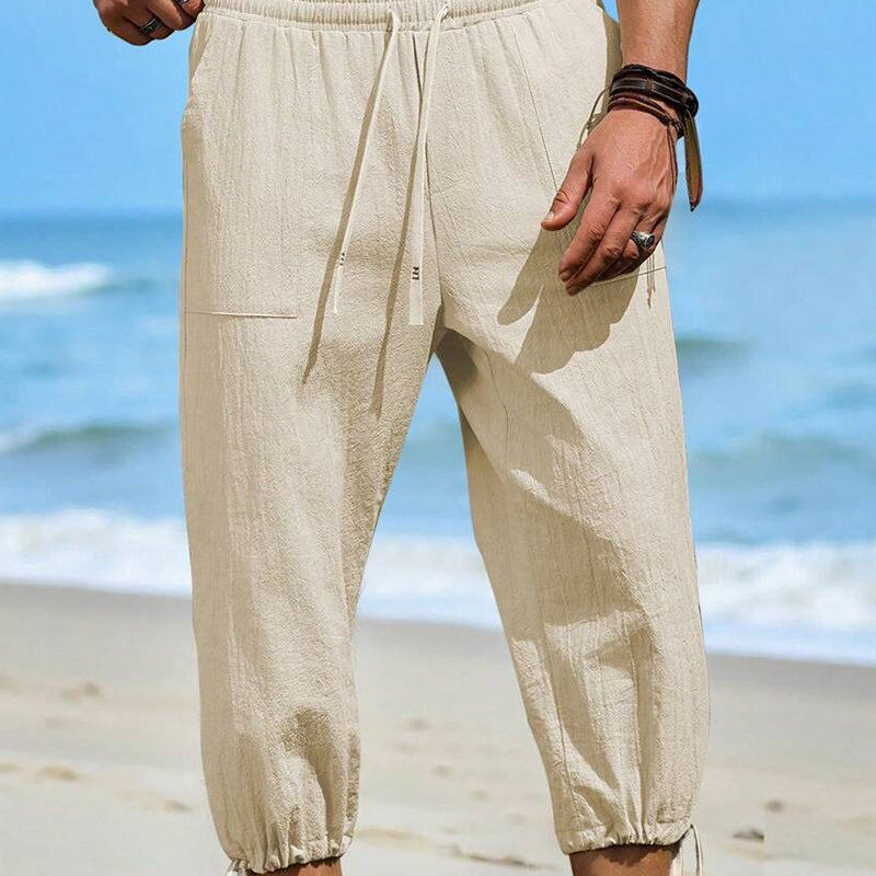 Men's Cotton And Linen Legged Solid Color Casual Cropped Pants MTA2362D3X