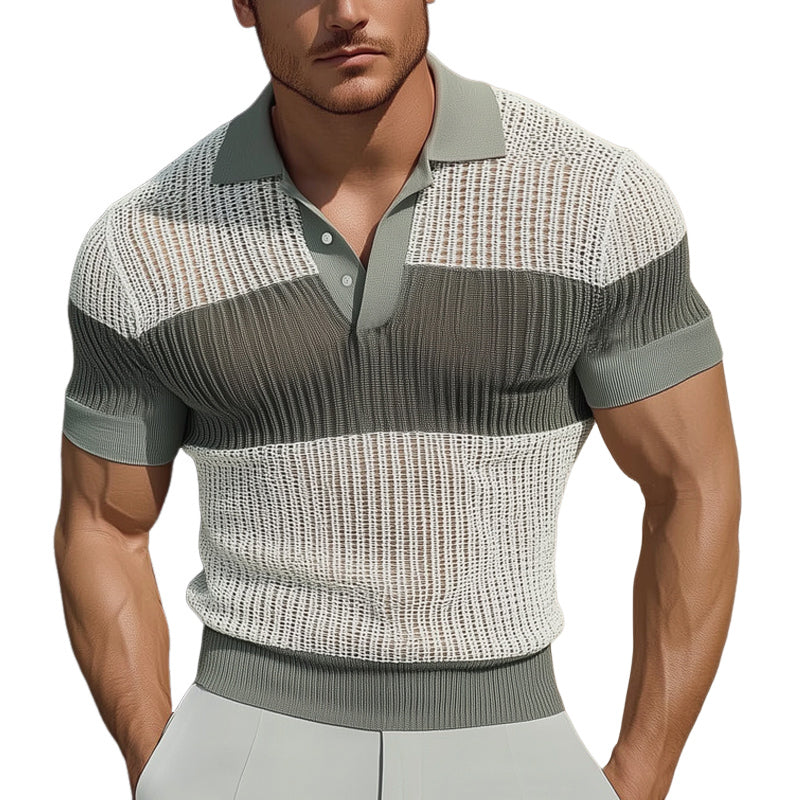 Men's Summer Business Colorblock Knitted Mesh Polo Neck T-Shirt MTA2332D8U