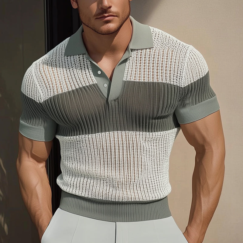 Men's Summer Business Colorblock Knitted Mesh Polo Neck T-Shirt MTA2332D8U