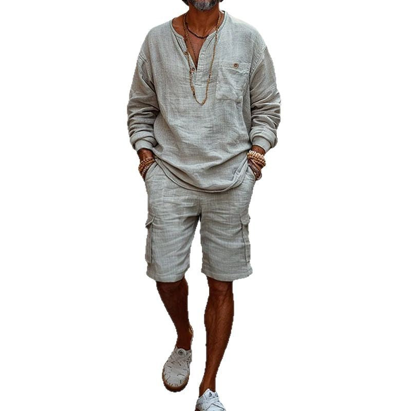 Men's Cotton And Linen Vacation Casual Shorts Long-Sleeved Two-Piece Set MTA2109D3X