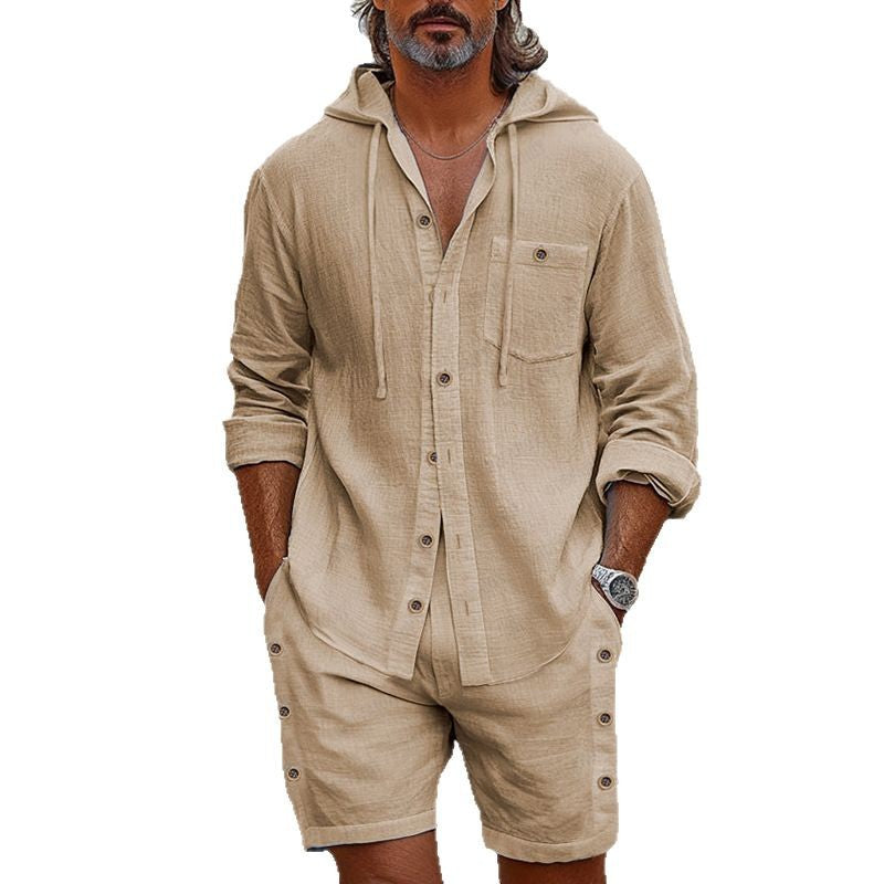 Men's Cotton And Linen Vacation Casual Shorts Long-Sleeved Hooded Two-Piece Set MTA2177D0X