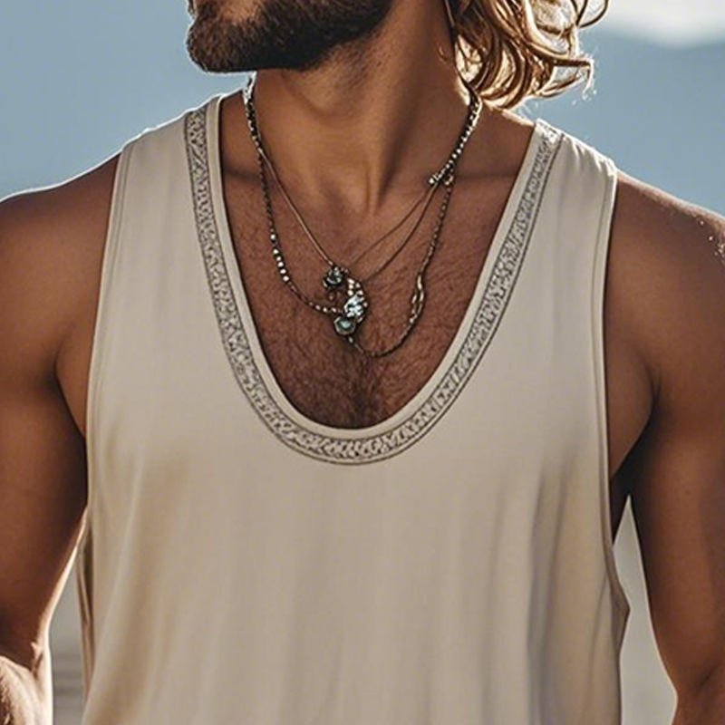 Men's Summer Fashion Casual U-neck Thin Suede Embroidered Tank Top MTA2371D0K