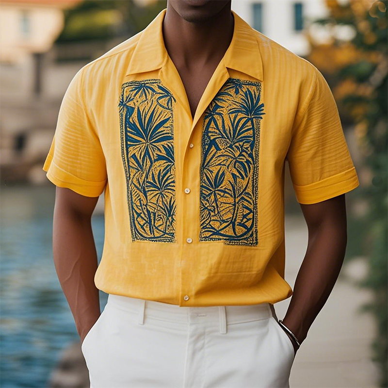 Men's Summer Fashion Casual Hawaiian Style Cotton and Linen Printed Short-sleeved Shirt MTA2352D2K
