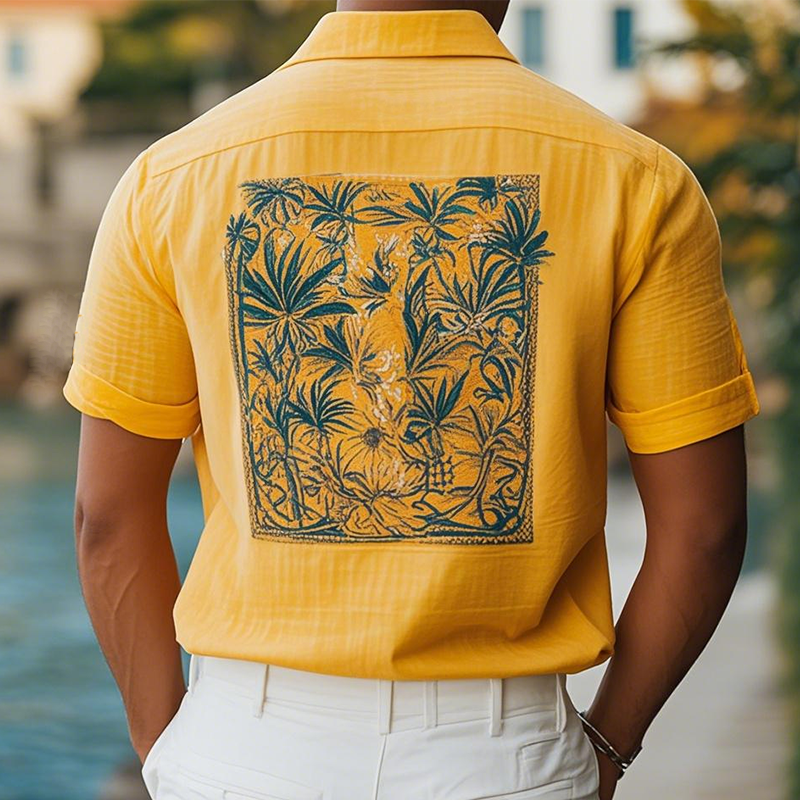 Men's Summer Fashion Casual Hawaiian Style Cotton and Linen Personality Back Print Short-sleeved Shirt MTA2325D0K