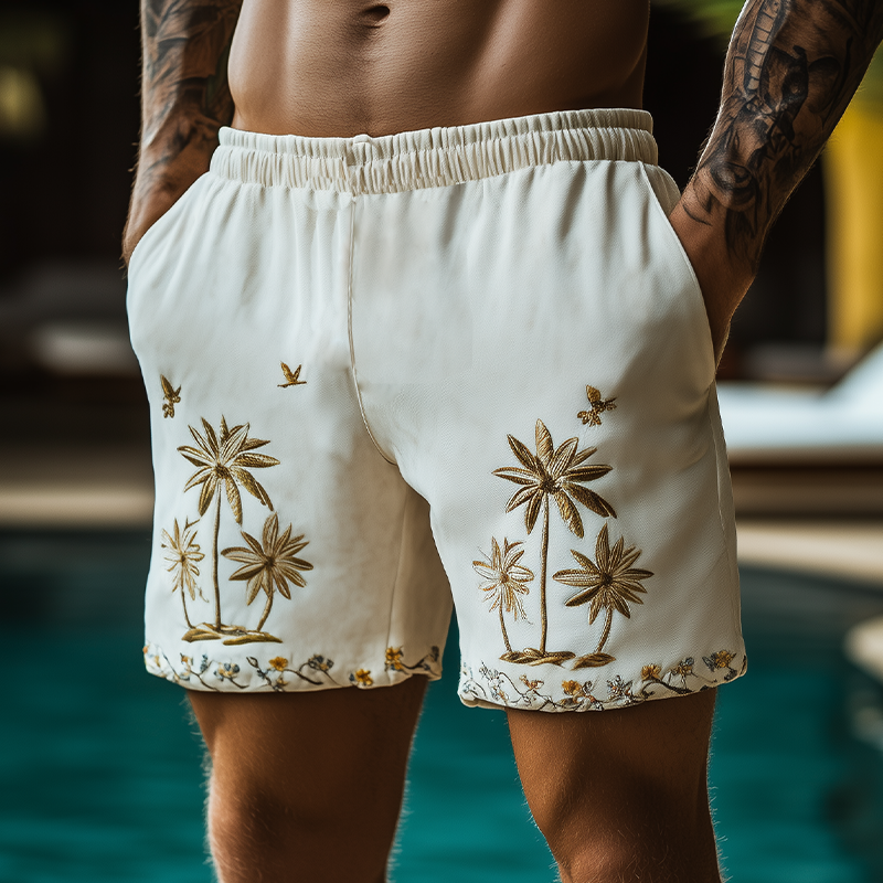 Men's Summer Fashion Casual Hawaiian Style Thin Suede Embroidered Elastic Waist Beach Shorts MTA2317D8K