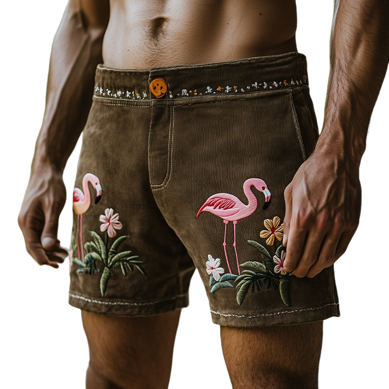 Men's Summer Fashion Casual Hawaiian Style Thin Suede Embroidered Shorts MTA2382D1K